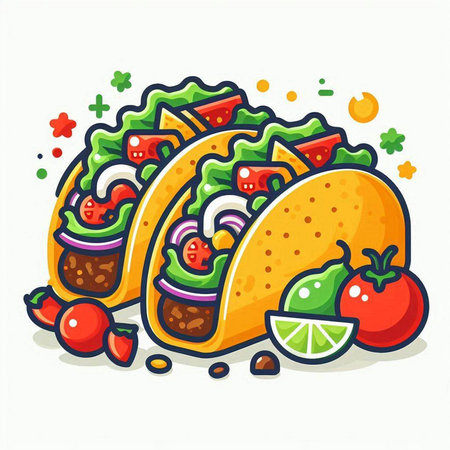 Mexican tacos with beef, vegetables and salsa. Vector illustration.のイラスト素材