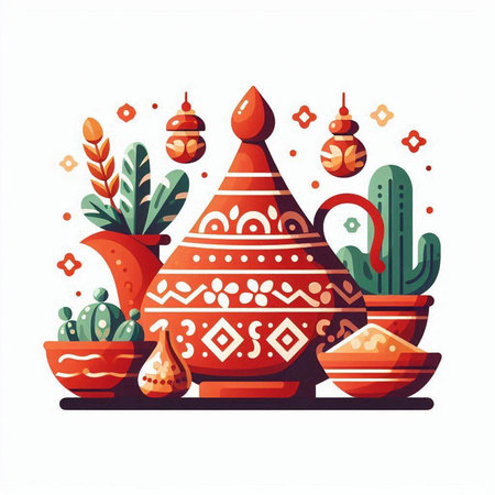 Vector illustration of pottery and clay pots with cacti.のイラスト素材