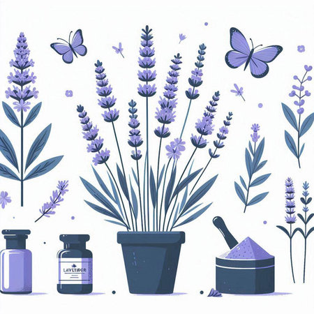 Lavender, lavender essential oil, lavender flowers and butterfly. Vector illustrationのイラスト素材