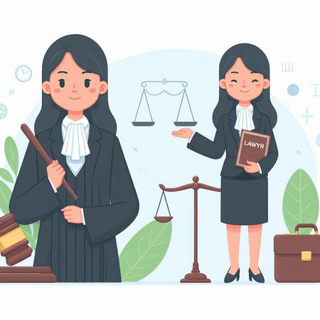 Cartoon judge with scales of justice and lawyer, vector illustration.のイラスト素材