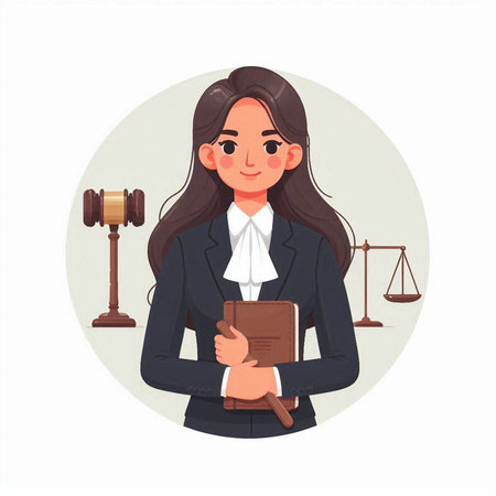 Cartoon illustration of female lawyer or judge holding a law book.のイラスト素材