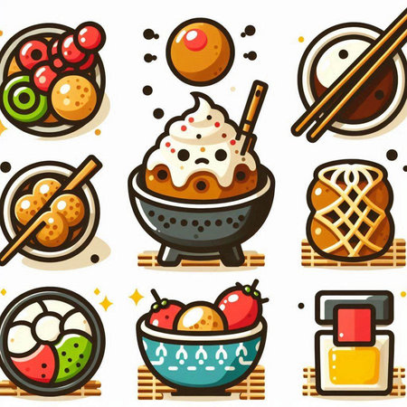 Japanese food icon set. Cartoon illustration of 9 japanese food vector icons for webのイラスト素材