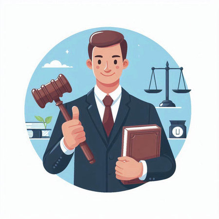 Lawyer with gavel and law book. Vector illustration in cartoon styleのイラスト素材