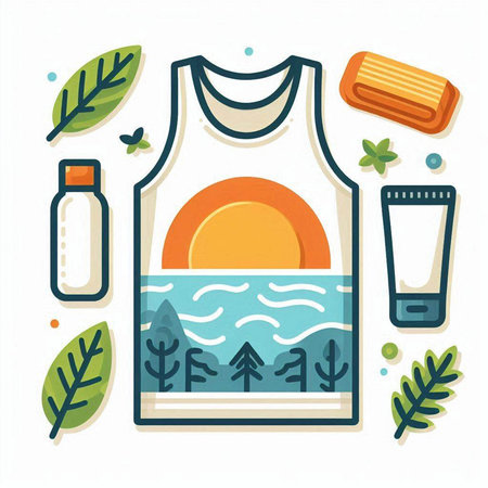 Vector illustration of a t-shirt with a picture of the sun on a background of nature.のイラスト素材