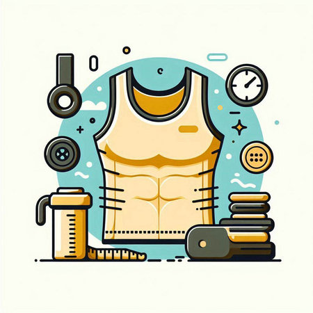 Sports equipment, dumbbells, kettlebells, water bottle, sneakers, waistcoat. Flat line style vector illustration.のイラスト素材