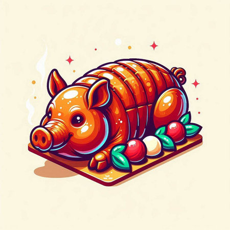 Illustration of a pig on a cutting board with candies.のイラスト素材