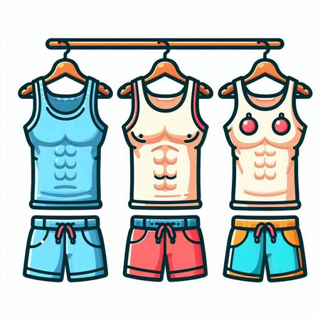 Set of different colored sports shorts on a hanger. Vector illustrationのイラスト素材
