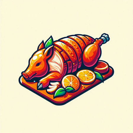 Roasted turkey with orange and lemon. Vector illustration of a chicken with orange and lemon.のイラスト素材
