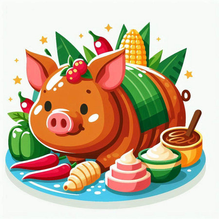 Illustration of a Cute Pig with Corn and Vegetables.のイラスト素材