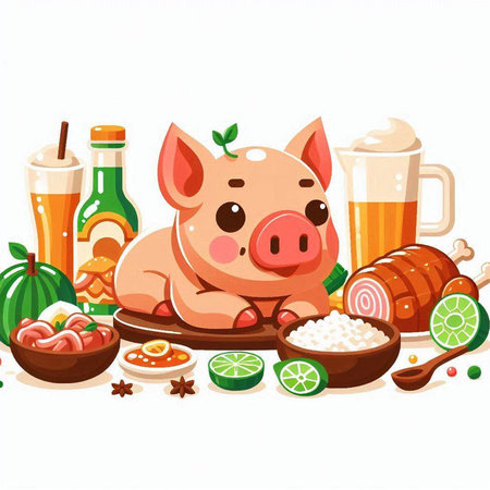 Illustration of a cute pig with different food and beverages on a white backgroundのイラスト素材
