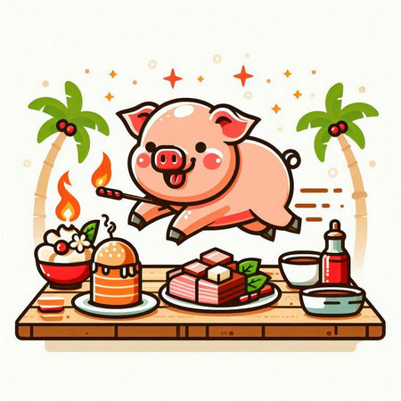 Vector illustration of a pig having a picnic on a tropical island.のイラスト素材