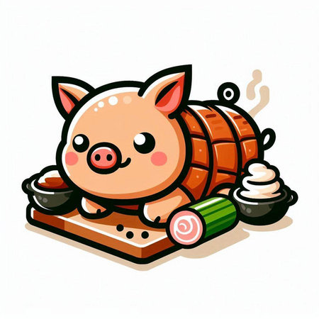 Illustration of a Cute Pig Sitting on a Wooden Cutting Boardのイラスト素材