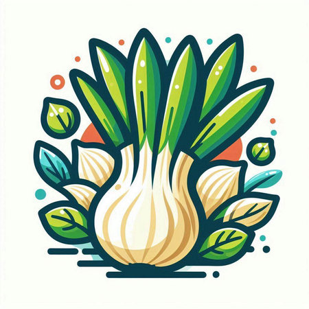 Vegetable vector illustration. Garlic, onion, green onion and leaves.のイラスト素材