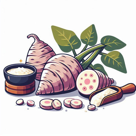 Illustration of taro root and ingredients for taro soup.のイラスト素材