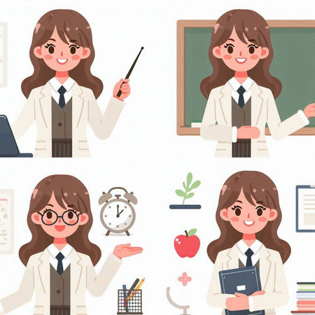 A set of school girl with various poses.It's vector art so it's easy to edit.のイラスト素材