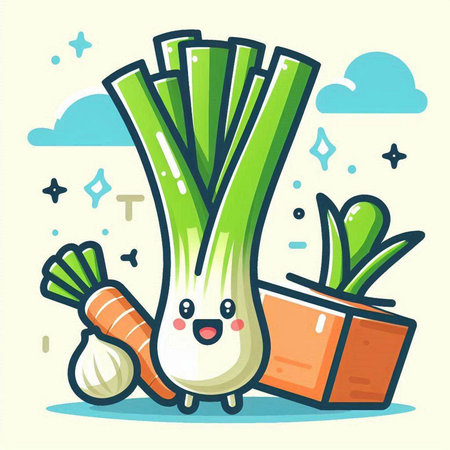 Cute leek character with vegetables. Vector illustration in cartoon style.のイラスト素材