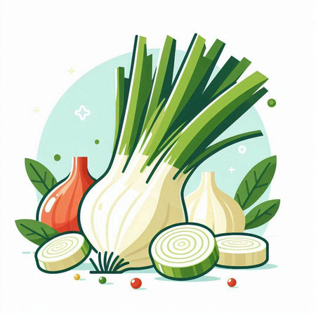 Illustration of fresh onion with green leaves and sliced onion on white backgroundのイラスト素材