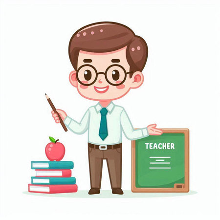 teacher with blackboard and apple on white background. vector illustrationのイラスト素材