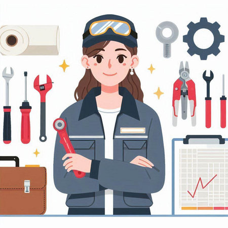 Female mechanic in workwear with tools. Vector illustration in flat styleのイラスト素材
