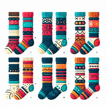 Set of Christmas socks with different patterns. Vector illustration in cartoon style.のイラスト素材