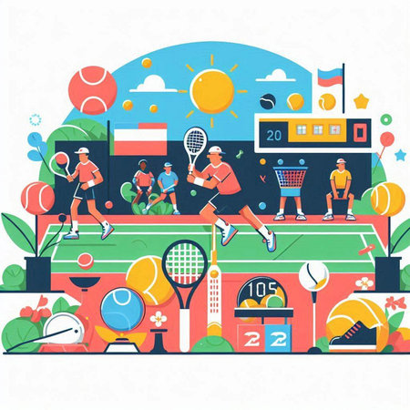 Tennis court with players and equipment. Vector illustration in flat styleのイラスト素材