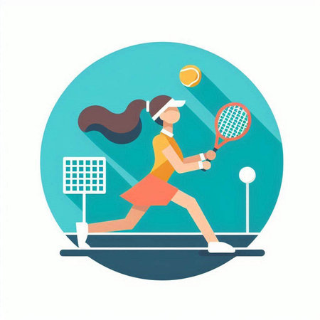 Tennis player with racket and ball. Flat design vector illustration.のイラスト素材