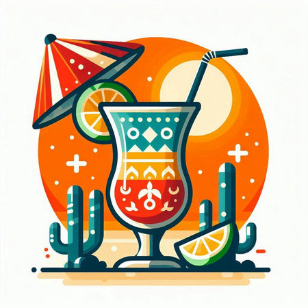 Cinco de mayo vector illustration. Tequila sunrise cocktail with cactus and lemon.のイラスト素材