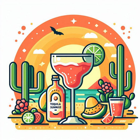 Cinco de Mayo celebration flat vector illustration. Cocktail with lime, cacti, succulents and tequila. Mexican holiday concept.のイラスト素材
