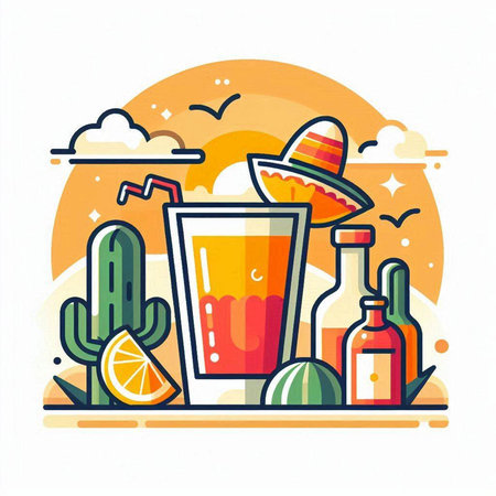 Cinco de mayo vector illustration. Mexican tequila sunrise cocktail with sombrero, cactus, tequila bottle and lime.のイラスト素材