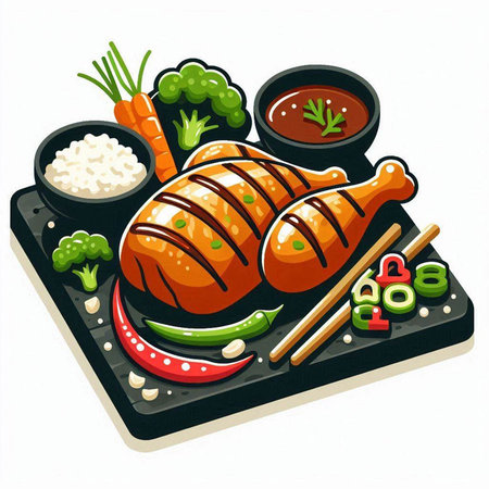 Illustration of a chicken drumstick on a black plate with vegetablesのイラスト素材
