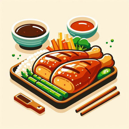Vector illustration of japanese food. Fried chicken and vegetables.のイラスト素材