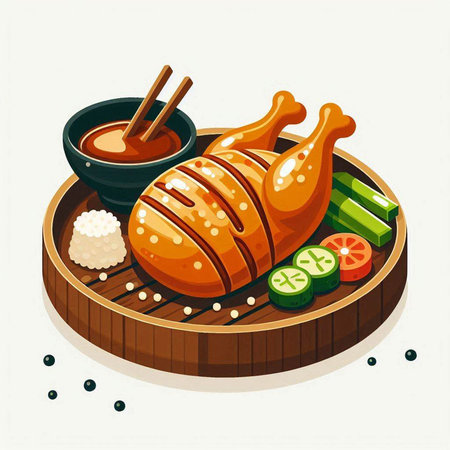 Illustration of a grilled chicken on a wooden plate with chopsticks.のイラスト素材