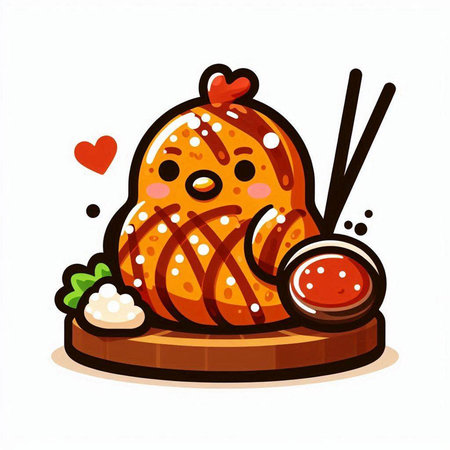 Illustration of a cute kawaii chicken with chopsticks.のイラスト素材