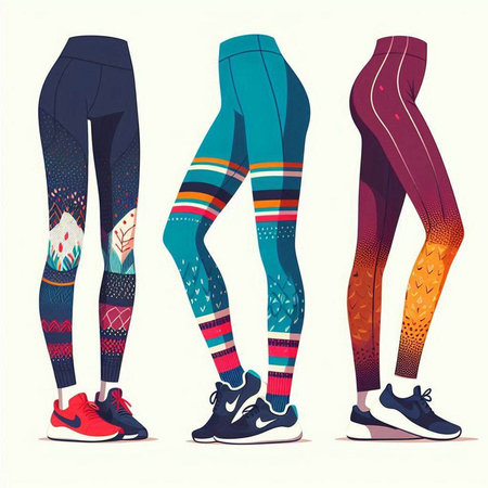 Set of colorful sports leggings and sneakers. Vector illustration.のイラスト素材