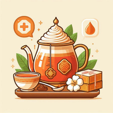 Vector illustration of tea ceremony with teapot, cup, teacup, teacup and honeyのイラスト素材