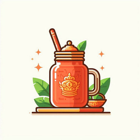 Vector illustration of hot tea in a glass jar with a spoon.のイラスト素材