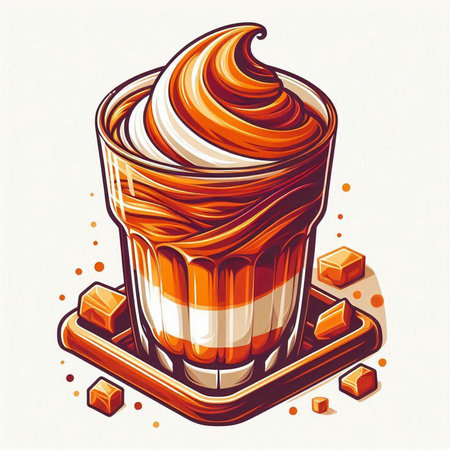 Vector illustration of a cup of coffee with whipped cream and caramel.のイラスト素材