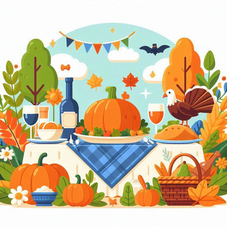 Thanksgiving dinner with pumpkins, turkey, wine, basket, leaves and trees. Vector illustration.のイラスト素材