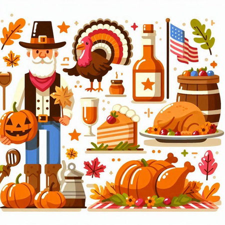 Thanksgiving day cartoon vector illustration. Thanksgiving turkey, turkey, pumpkin, wine and other holiday elements.のイラスト素材