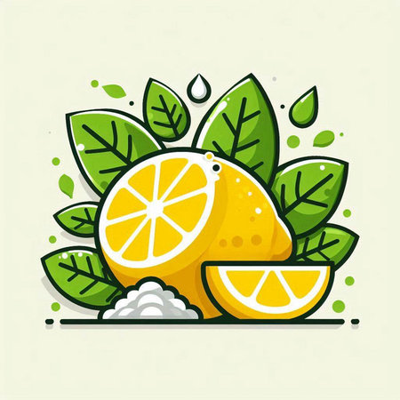 Lemon fruit with leaves and drops of sea salt. Vector illustration.のイラスト素材