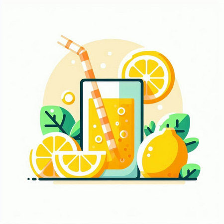 Vector illustration of a glass of orange juice with a straw, lemon and lime.のイラスト素材