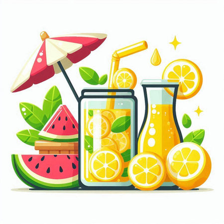 Summer lemonade with watermelon, lemon and orange. Vector illustration.のイラスト素材