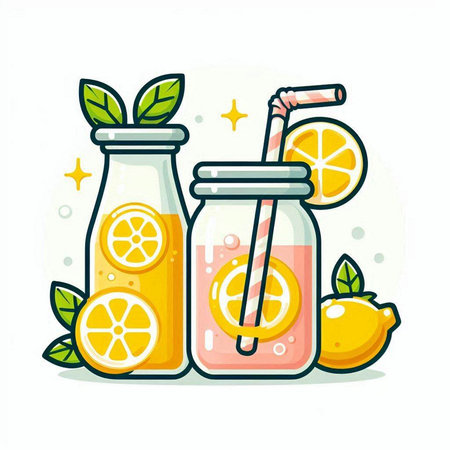 Orange and lemon smoothie in glass bottles with straws. Vector illustration.のイラスト素材