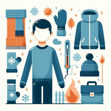 Vector illustration of a man in winter clothes and accessories. Flat style.のイラスト素材