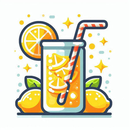 Orange juice in a glass with a striped straw. Vector illustration.のイラスト素材