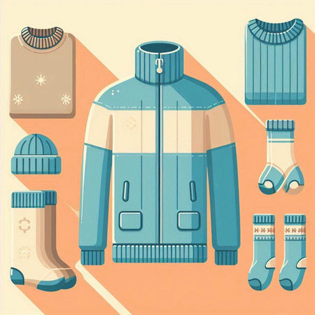 Winter clothing and accessories. Vector illustration in retro style. Set of winter clothes.のイラスト素材