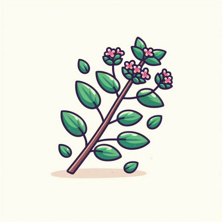 Branch with flowers and leaves. Vector illustration in cartoon style.のイラスト素材