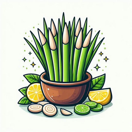 Illustration of green grass in a pot with lemons and gingerのイラスト素材