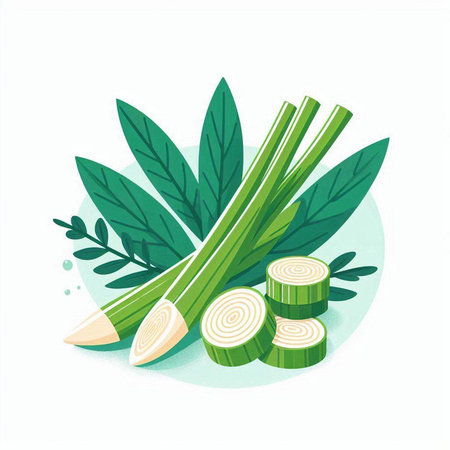 Sliced lemongrass and green leaves. Vector illustration.のイラスト素材