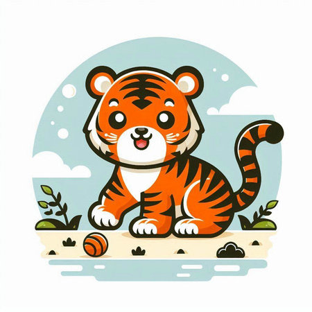 Cute cartoon tiger sitting on the ground. Vector illustration for kids.のイラスト素材